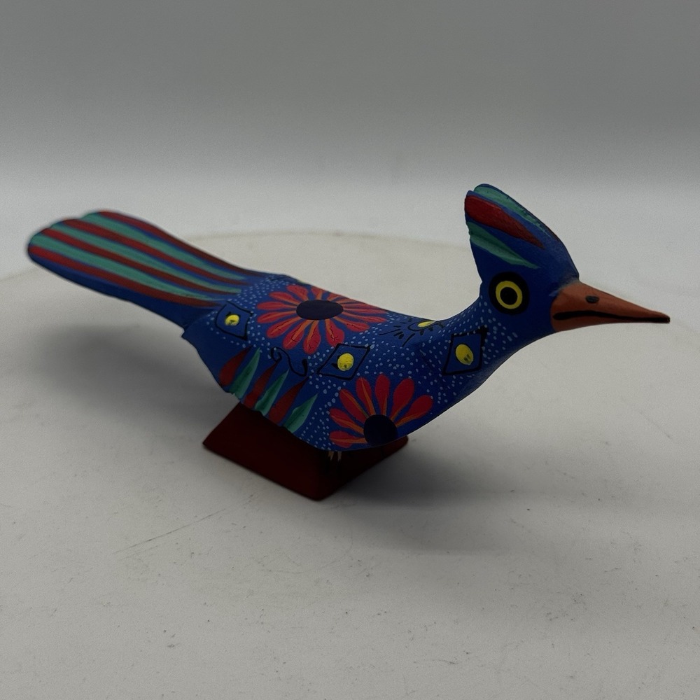 Mexican Oaxaca Hand Carved Wood Bird Roadrunner Figurine Signed Elena Julian